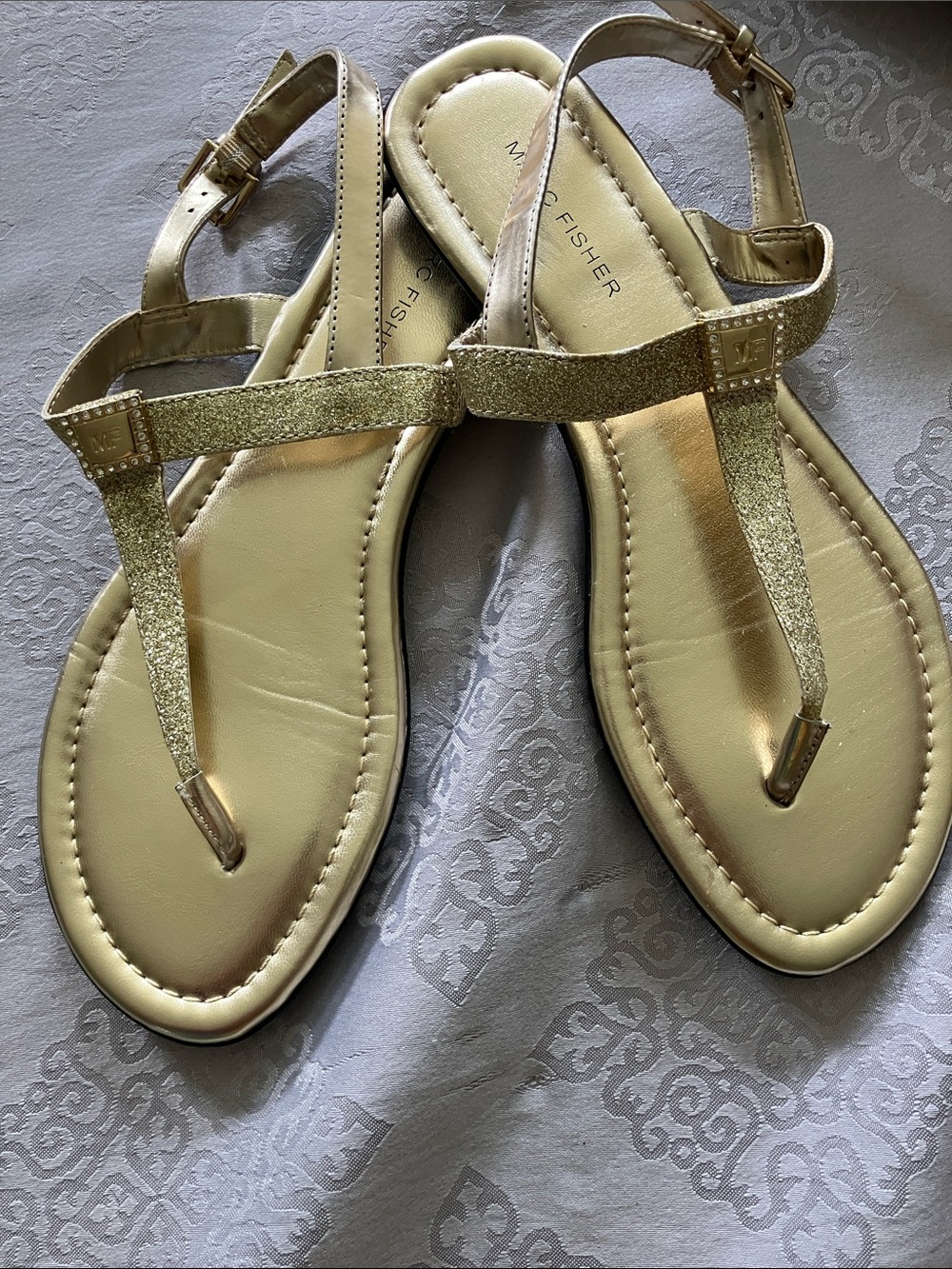 Marc Fisher Gold Glitter T-Strap Sandals